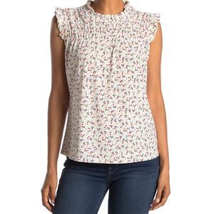 Adrianna Papell Printed Ruffle High Neck Smocked Floral Sleeveless Shirt S